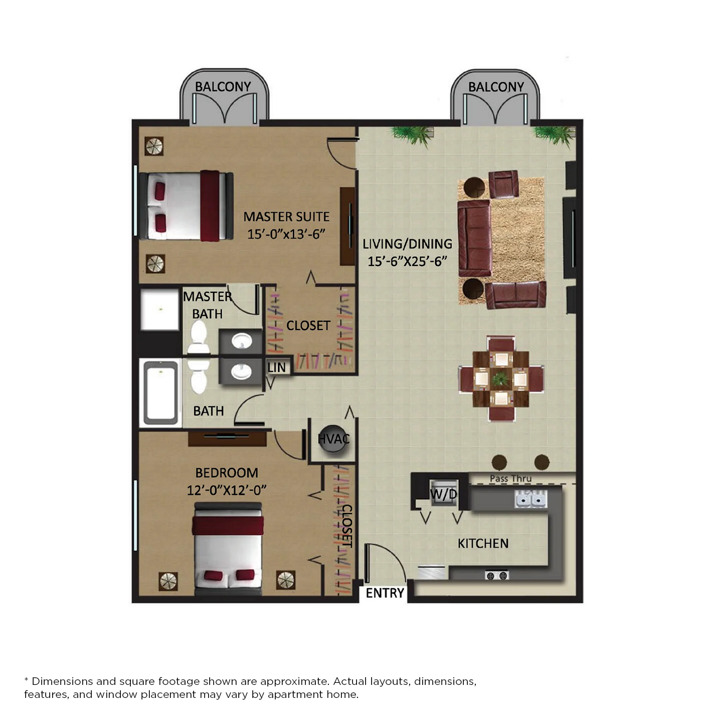 Floor plan for 2 beds, 2 baths, 1080 sqft